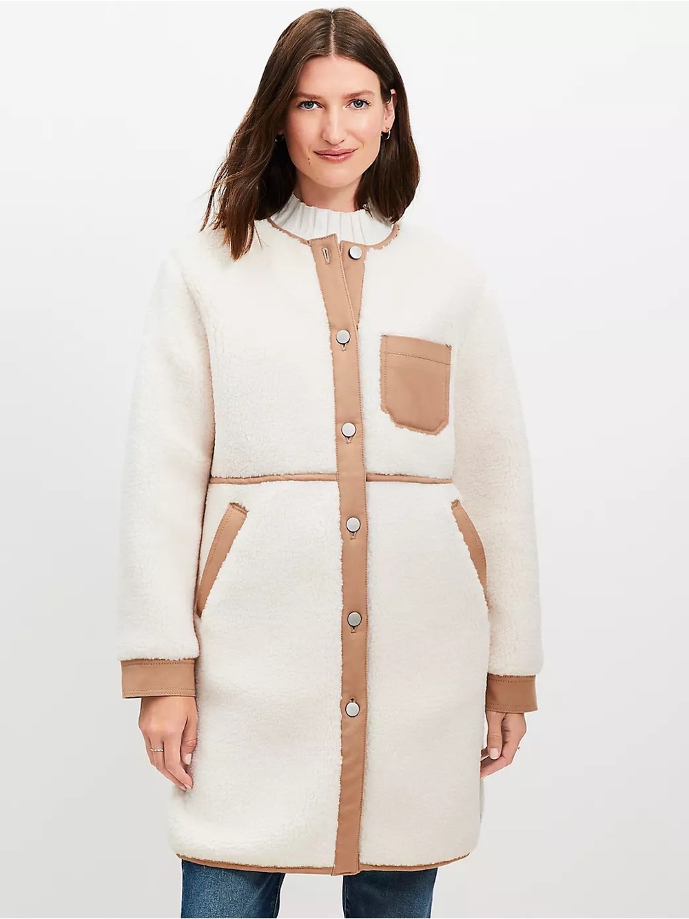 LOFT Sherpa Fleece Longline Coat with Tan Contrast Trim Snap Front NWT